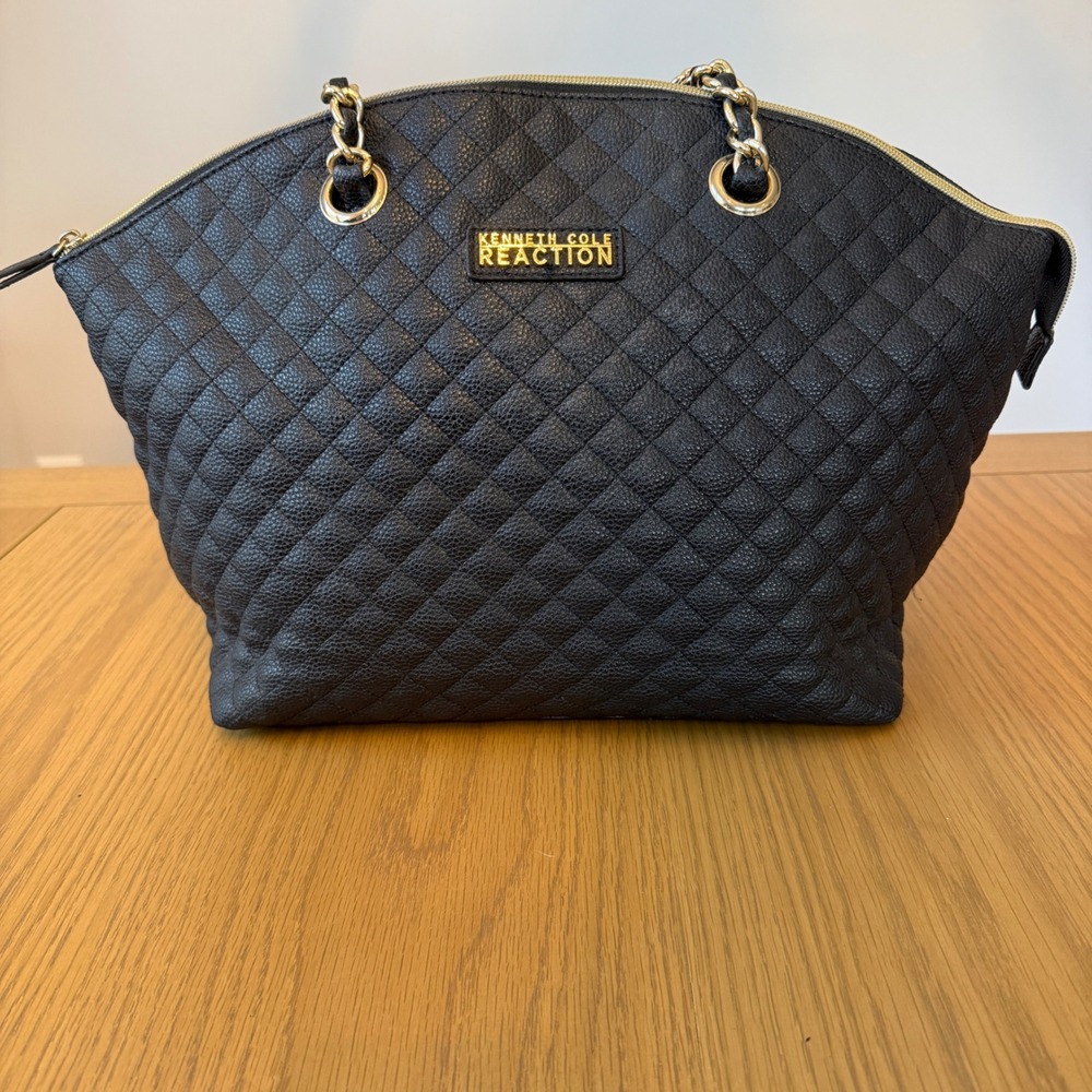 Kenneth Cole Reaction Quilted Tote Bag Women Large Black Faux Leather Diamond